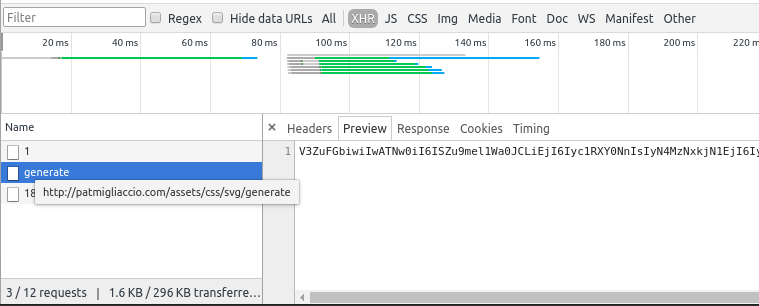 Figure 1. A REST call made to `/assets/css/svg/generate` and returning a property with a Base64 string.